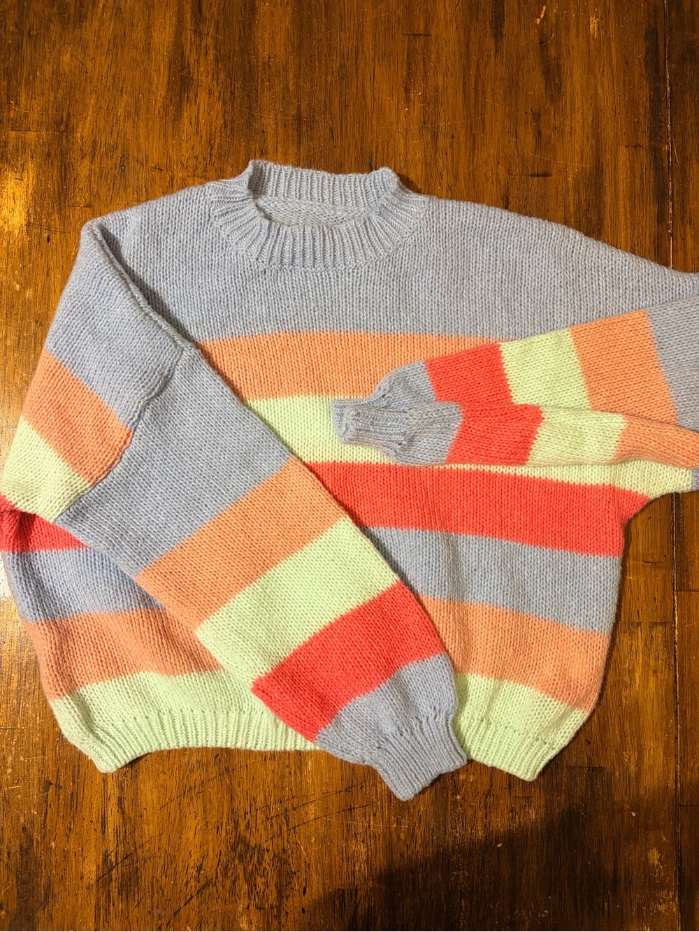 Striped Pastel Crewneck Sweater in Light Gray, Coral, Peach & Mint